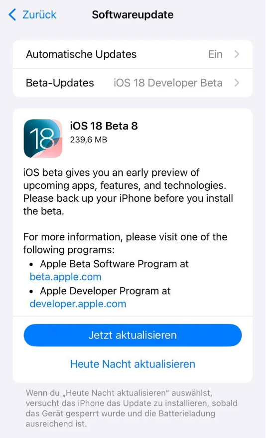 美姑苹果手机维修分享苹果 iOS / iPadOS 18 开发者预览版 Beta 8 发布 